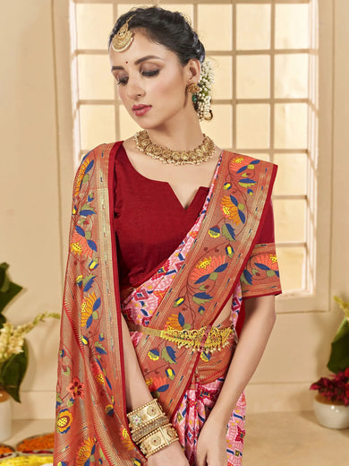 Stunning Pink Ikkat Printed Cotton Casual Wear Saree With Blouse